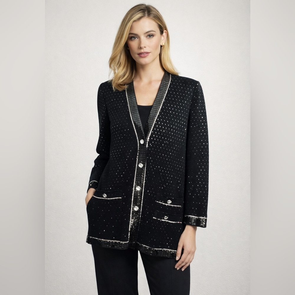 St John Marie Santana Knit Black Sequin Evening Jacket Formal Cocktail, 8